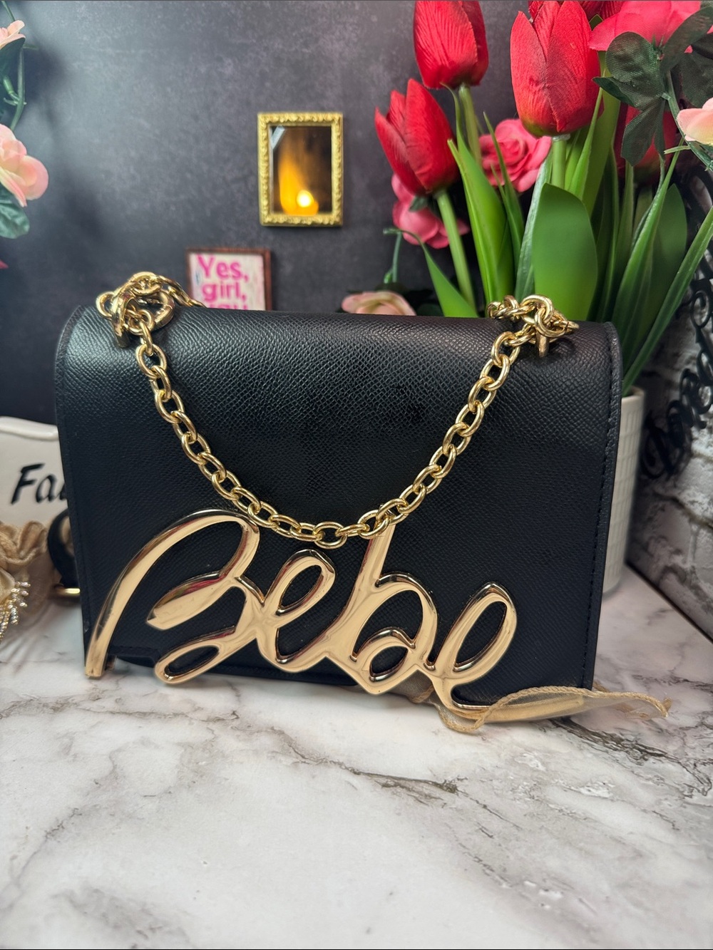 bebe Black Crossbody Bag with Gold Script and Chain - Picture 2 of 13